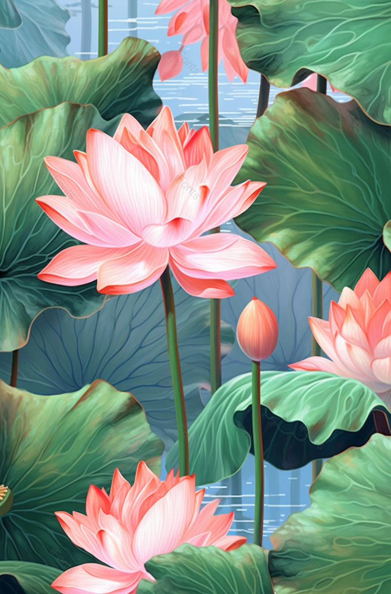 宁静的夏天荷花绽放在池塘插画背景水彩画,插画/手绘图,插画/手绘图库,插画/手绘图下载,插画/手绘